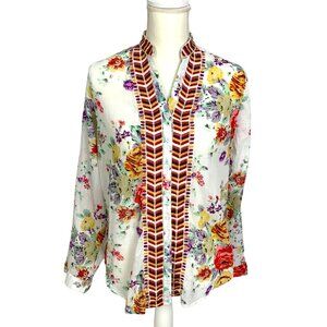 Floral Embroidered Boho Cottagecore Blouse 100% Cotton Lightweight L Romantic
